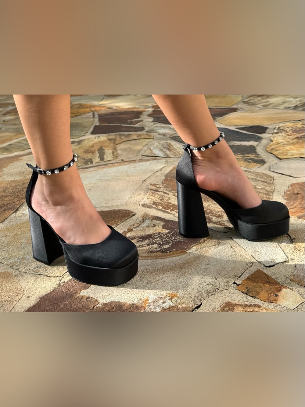Princess Polly Black Platform Heels with Rhinestones Size 9